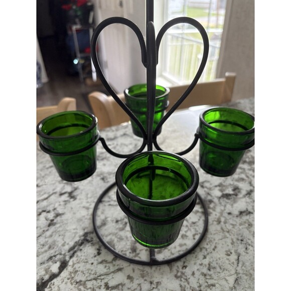 Vtg.Cast Iron Heart Mosser Green Glass Votive/Planters Candelabra Made In USA - Picture 4 of 11
